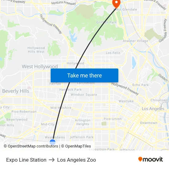 Expo Line Station to Los Angeles Zoo map