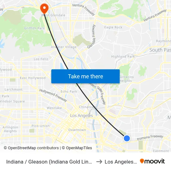 Indiana / Gleason (Indiana Gold Line Station) to Los Angeles Zoo map