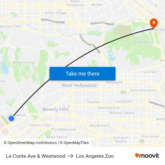 Le Conte Ave & Westwood to Los Angeles Zoo map