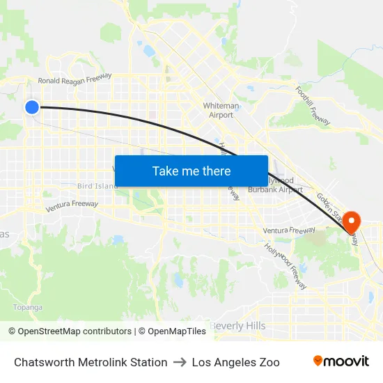 Chatsworth Metrolink Station to Los Angeles Zoo map