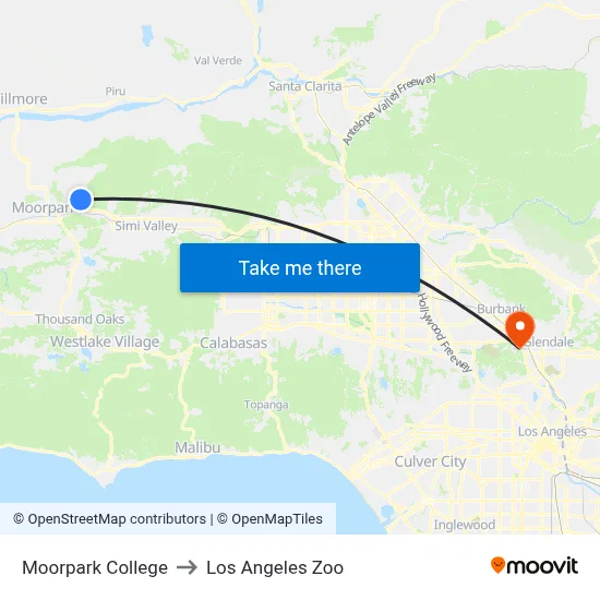 Moorpark College to Los Angeles Zoo map