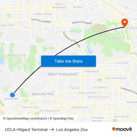 UCLA Hilgard Terminal to Los Angeles Zoo map