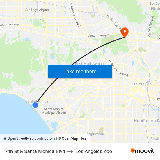 4th St & Santa Monica Blvd to Los Angeles Zoo map
