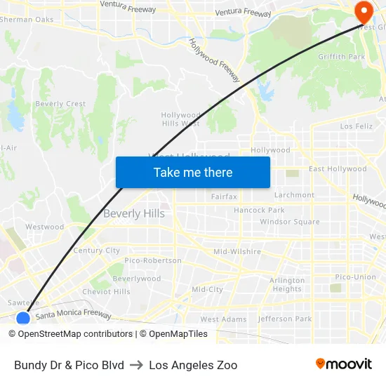 Bundy Dr & Pico Blvd to Los Angeles Zoo map