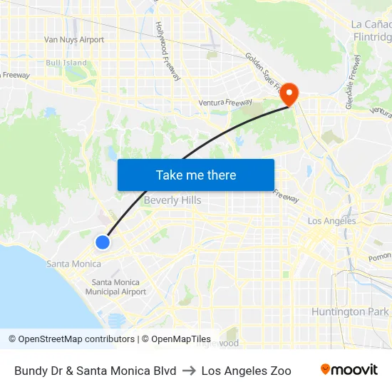 Bundy Dr & Santa Monica Blvd to Los Angeles Zoo map