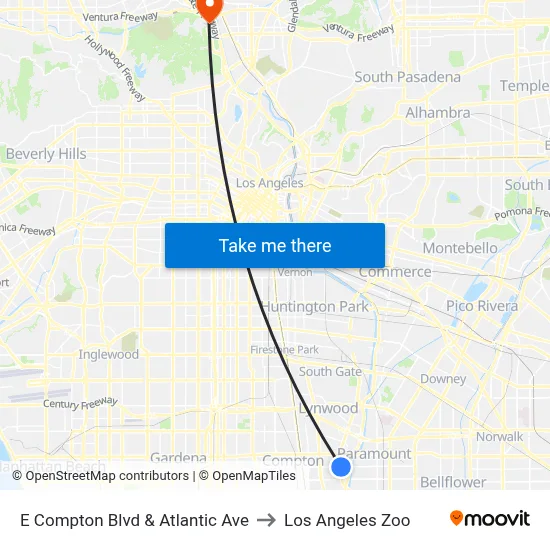 E Compton Blvd & Atlantic Ave to Los Angeles Zoo map