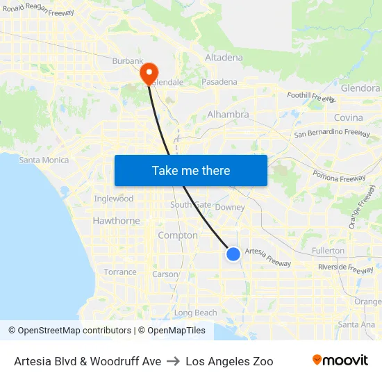 Artesia Blvd & Woodruff Ave to Los Angeles Zoo map