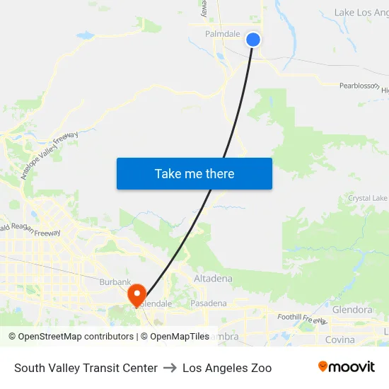South Valley Transit Center to Los Angeles Zoo map
