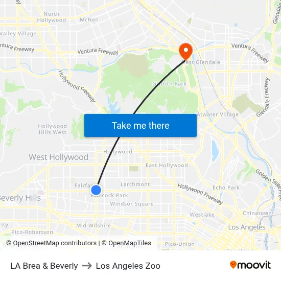 LA Brea & Beverly to Los Angeles Zoo map
