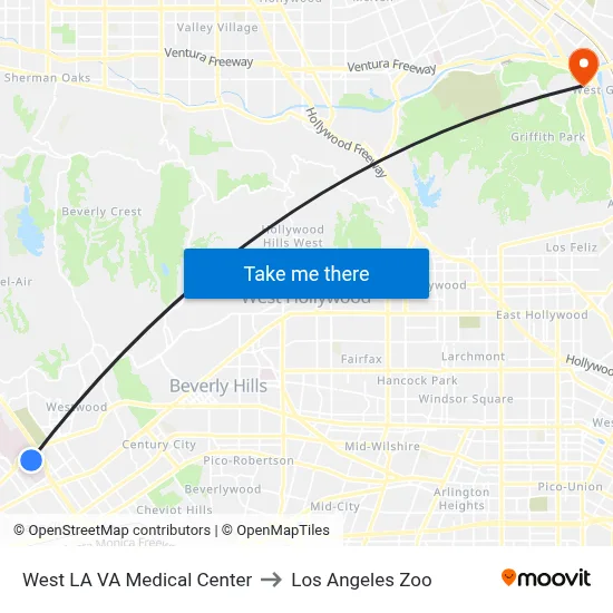 West LA VA Medical Center to Los Angeles Zoo map
