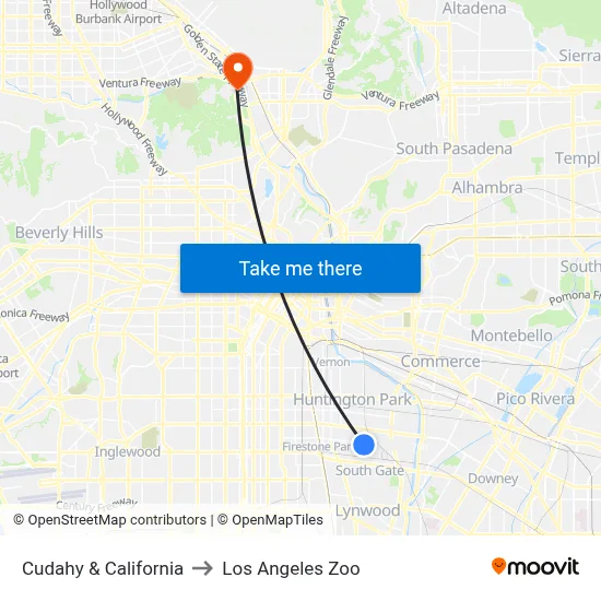 Cudahy & California to Los Angeles Zoo map