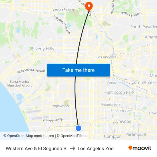 Western Ave & El Segundo Bl to Los Angeles Zoo map