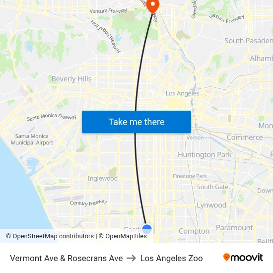 Vermont Ave & Rosecrans Ave to Los Angeles Zoo map