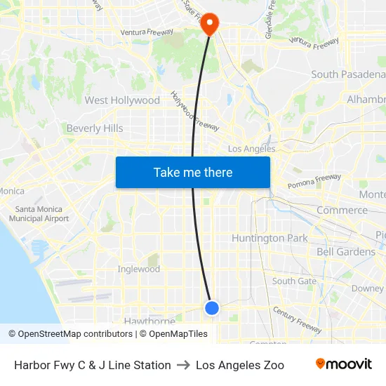 Harbor Fwy C & J Line Station to Los Angeles Zoo map
