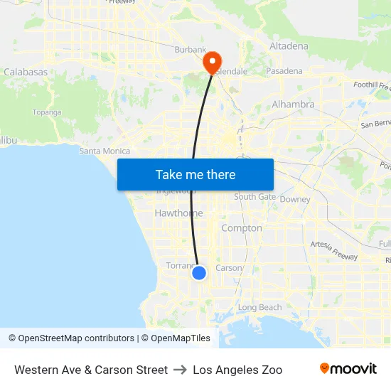 Western Ave & Carson Street to Los Angeles Zoo map