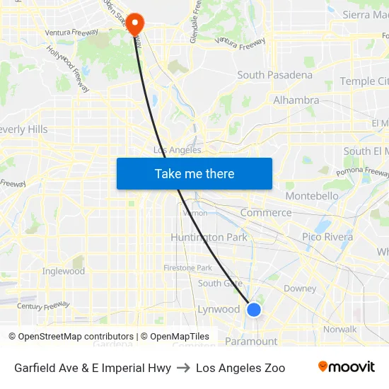 Garfield Ave & E Imperial Hwy to Los Angeles Zoo map