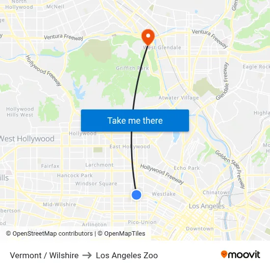 Vermont / Wilshire to Los Angeles Zoo map