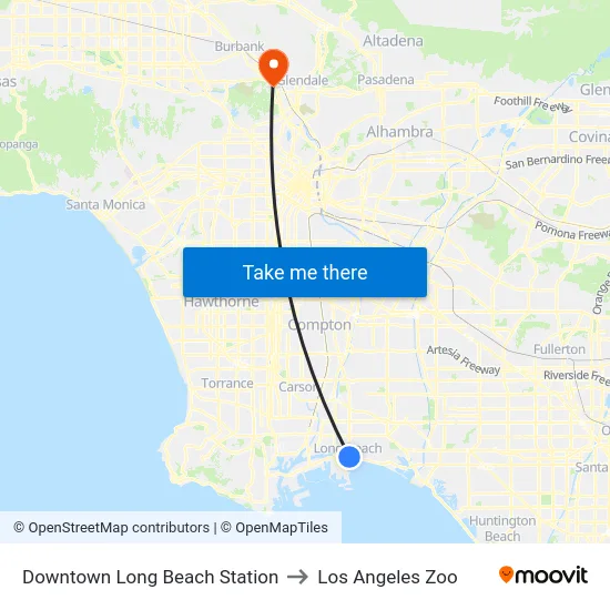 Downtown Long Beach Station to Los Angeles Zoo map