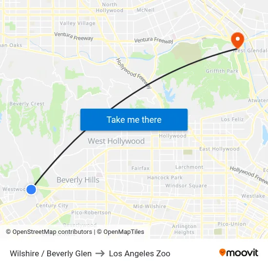 Wilshire / Beverly Glen to Los Angeles Zoo map