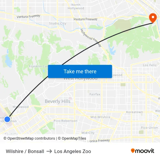 Wilshire / Bonsall to Los Angeles Zoo map