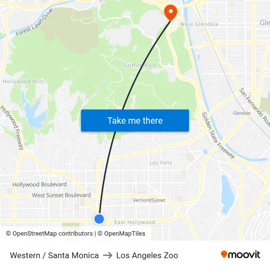 Western / Santa Monica to Los Angeles Zoo map