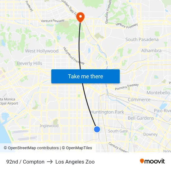 92nd / Compton to Los Angeles Zoo map