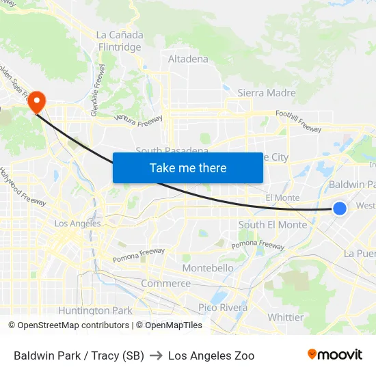 Baldwin Park / Tracy (SB) to Los Angeles Zoo map