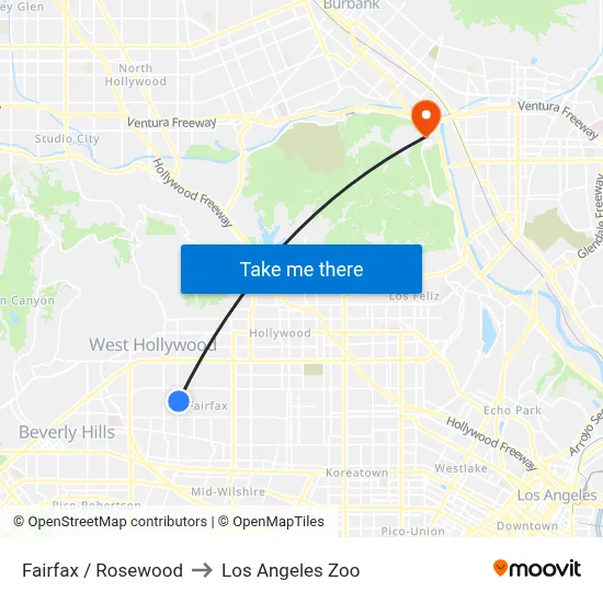 Fairfax / Rosewood to Los Angeles Zoo map