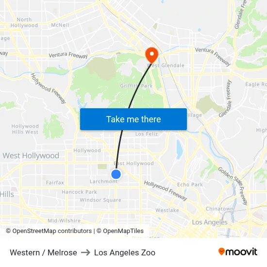 Western / Melrose to Los Angeles Zoo map