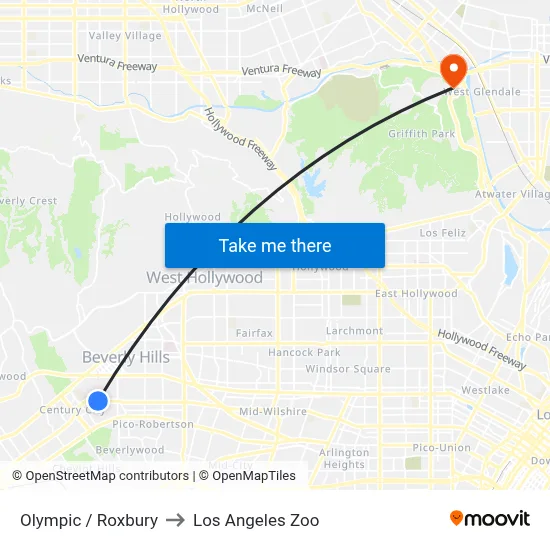 Olympic / Roxbury to Los Angeles Zoo map