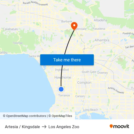 Artesia / Kingsdale to Los Angeles Zoo map