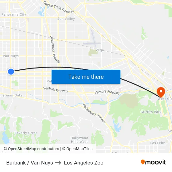 Burbank / Van Nuys to Los Angeles Zoo map