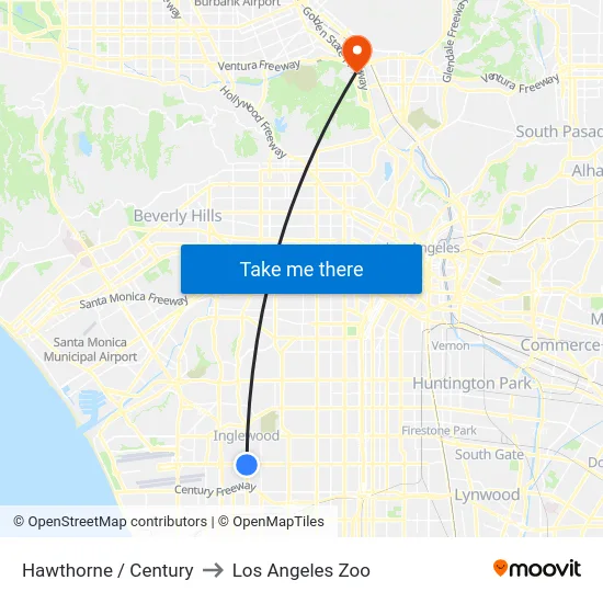 Hawthorne / Century to Los Angeles Zoo map