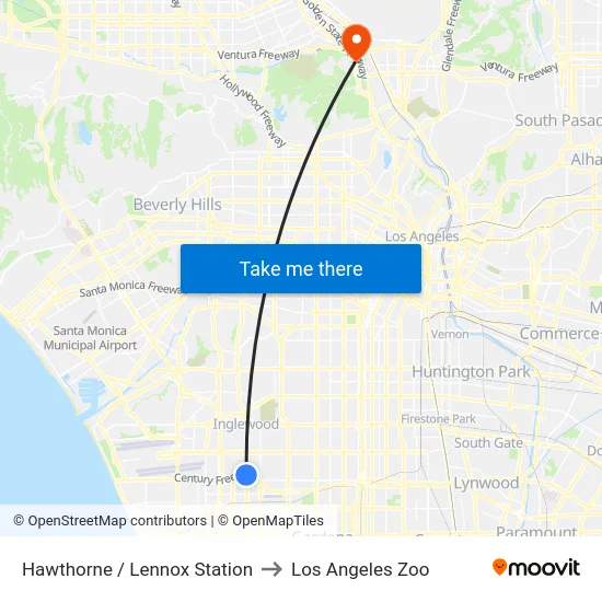 Hawthorne / Lennox Station to Los Angeles Zoo map