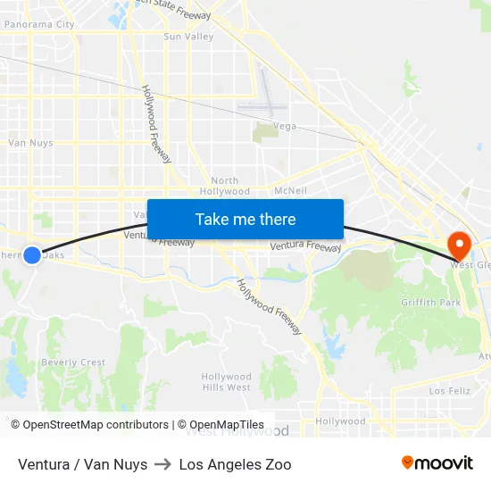 Ventura / Van Nuys to Los Angeles Zoo map