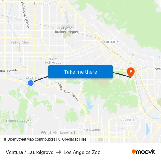 Ventura / Laurelgrove to Los Angeles Zoo map