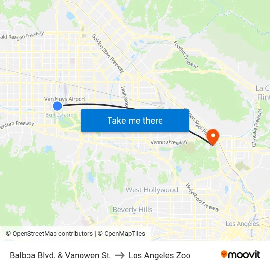 Balboa Blvd. & Vanowen St. to Los Angeles Zoo map