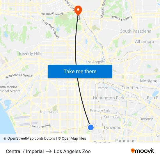 Central / Imperial to Los Angeles Zoo map