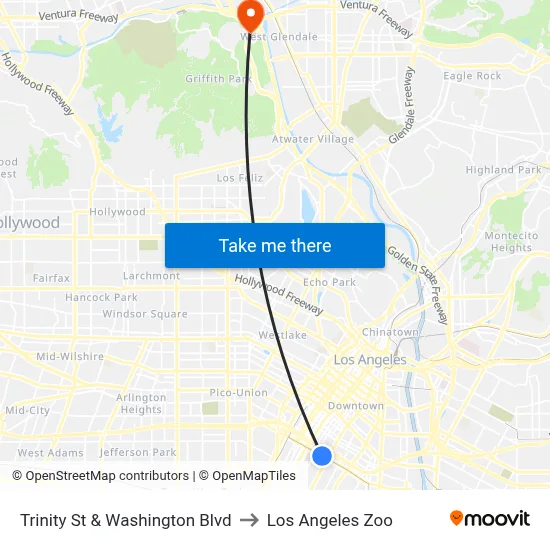 Trinity St & Washington Blvd to Los Angeles Zoo map