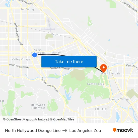North Hollywood Orange Line to Los Angeles Zoo map