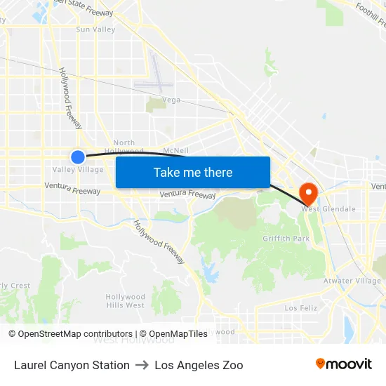 Laurel Canyon Station to Los Angeles Zoo map