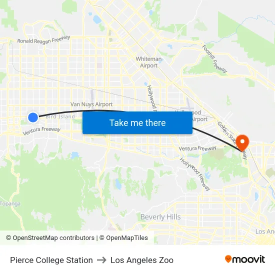 Pierce College Station to Los Angeles Zoo map