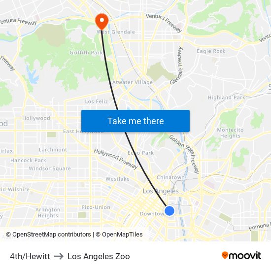 4th/Hewitt to Los Angeles Zoo map