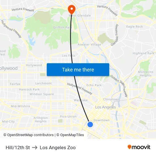 Hill/12th St to Los Angeles Zoo map