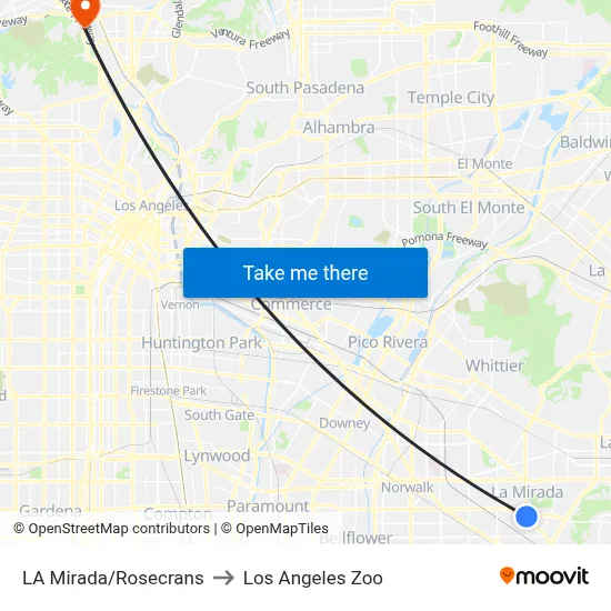 LA Mirada/Rosecrans to Los Angeles Zoo map