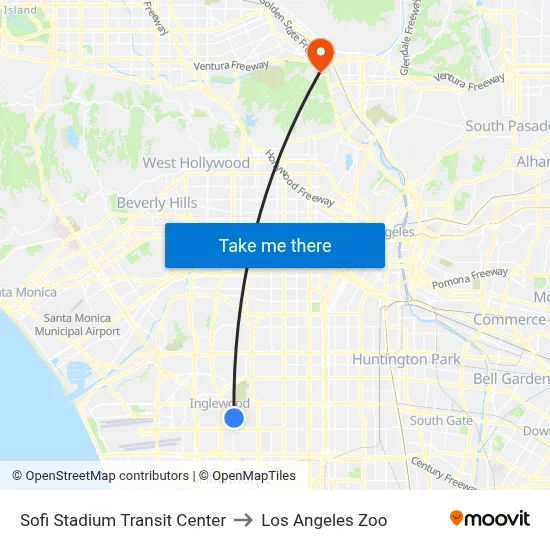 Sofi Stadium Transit Center to Los Angeles Zoo map
