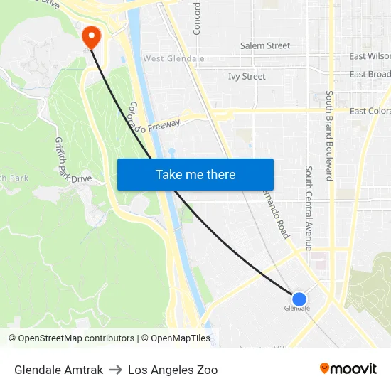 Glendale Amtrak to Los Angeles Zoo map