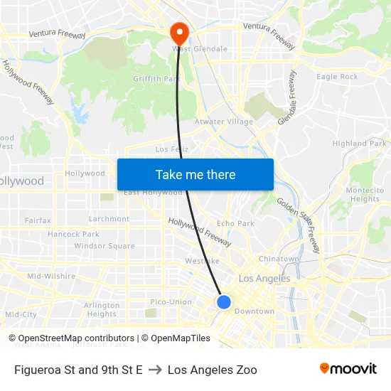 Figueroa St and 9th St E to Los Angeles Zoo map