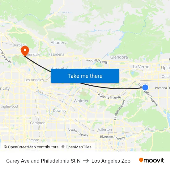 Garey Ave and Philadelphia St N to Los Angeles Zoo map