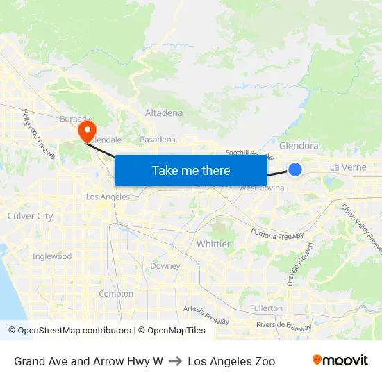 Grand Ave and Arrow Hwy W to Los Angeles Zoo map
